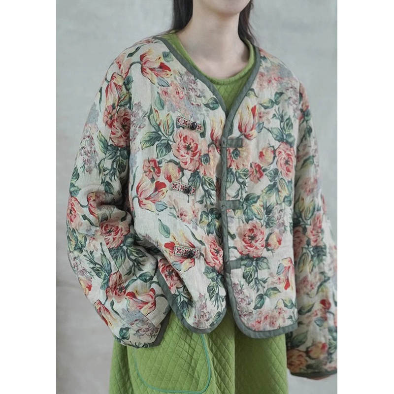 Vintage Photo Color Print Button Fine Cotton Filled Short Coat Spring