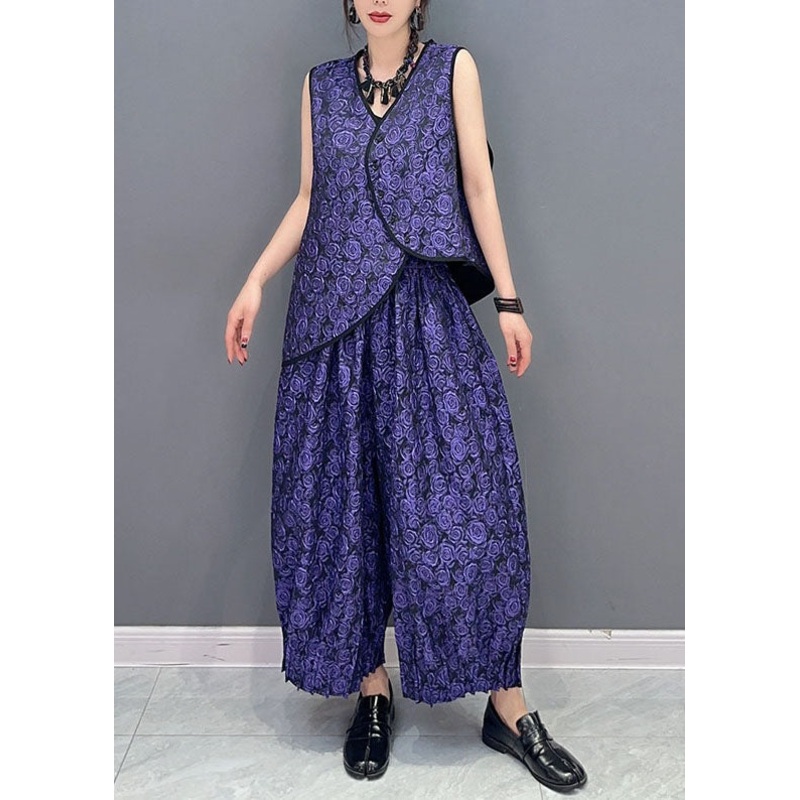 Vintage Purple Sleeveless Vest Tops And Pants Cotton Two Piece Set Women Clothing