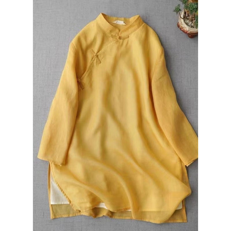 Vintage Yellow Stand Collar Chinese Button Linen Shirt Bracelet Sleeve