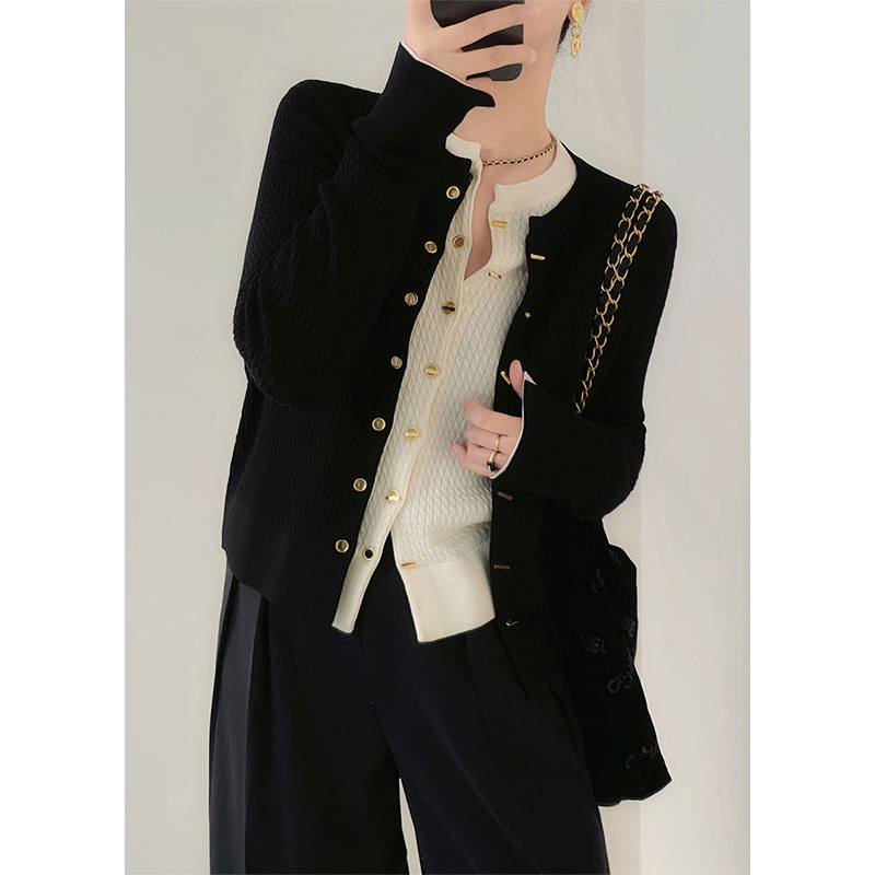 Women Black O Neck Button Patchwork Knit Cardigan Fall