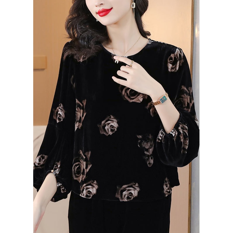 Women Black O Neck Print Velour Tops Lantern Sleeve