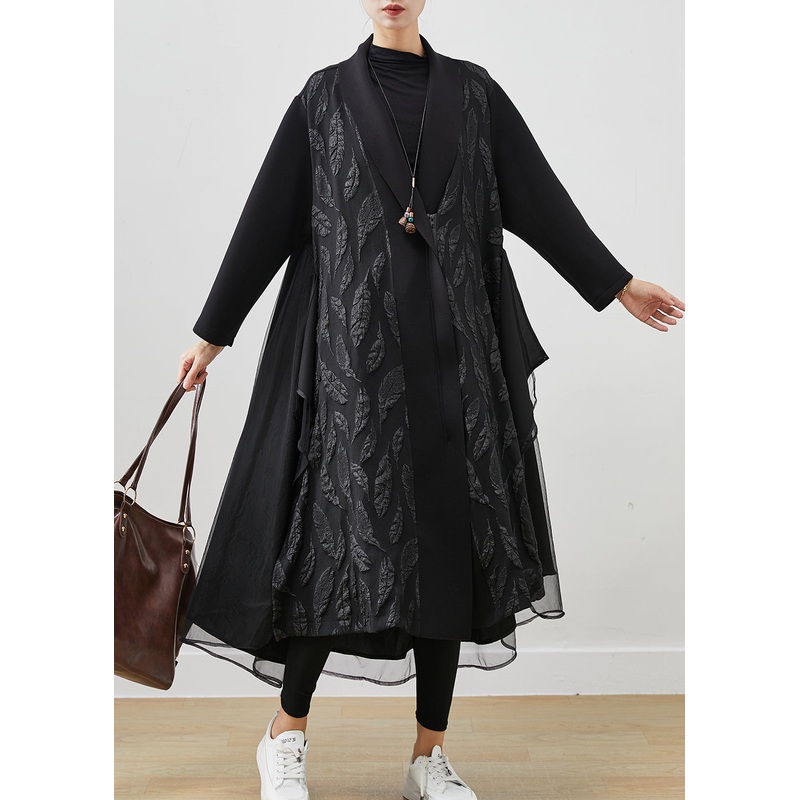 Women Black Oversized Patchwork Jacquard Cotton Trench Coats Spring