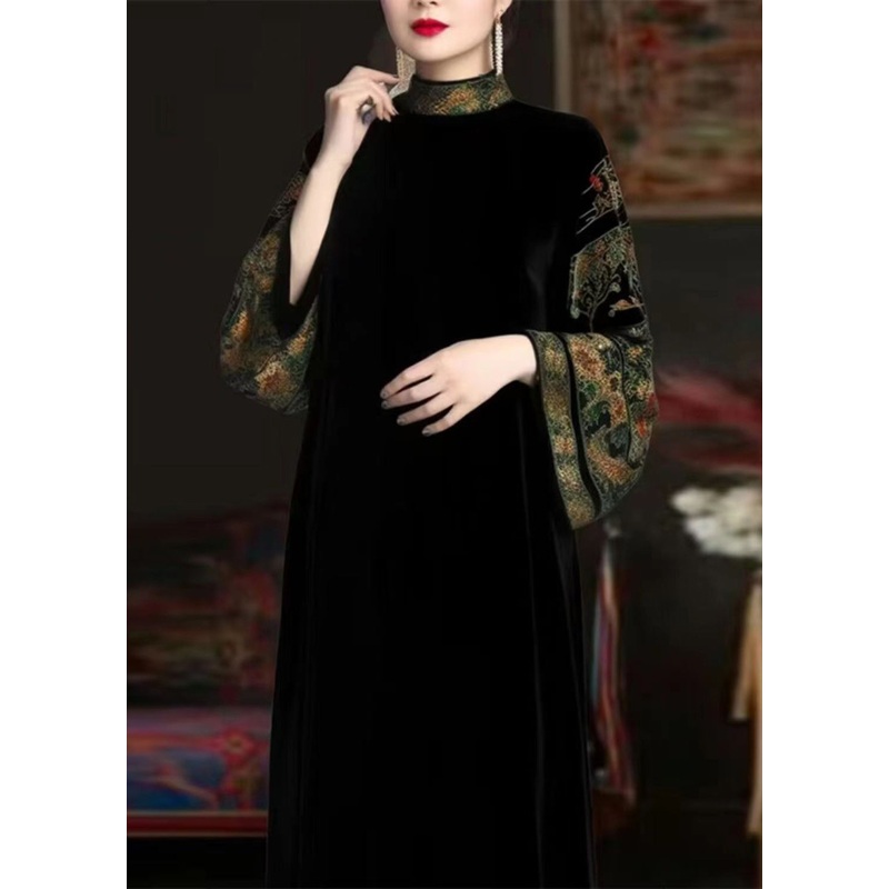 Women Black Turtleneck Print Patchwork Silk Long Dresses Fall