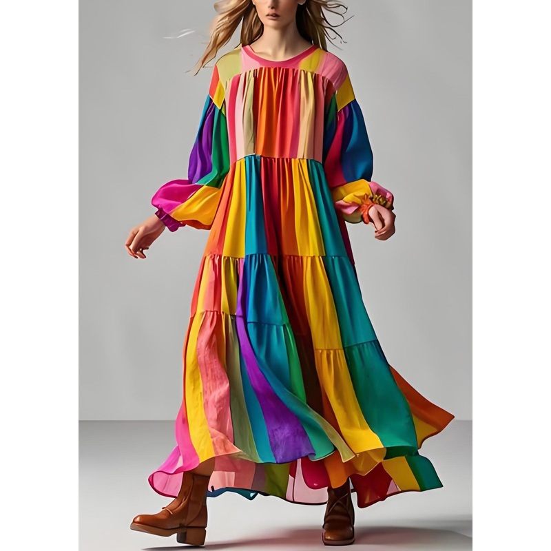 Women Colorblock O Neck Wrinkled Patchwork Cotton Dress Long Sleeve