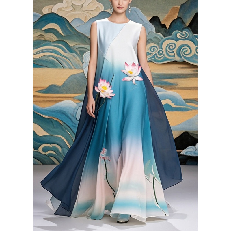 Women Gradient Blue Lotus Print Chiffon Long Dress Summer