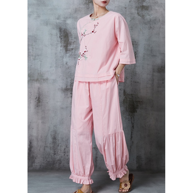 Women Pink Embroidered Oriental Cotton Two Piece Suit Set Summer