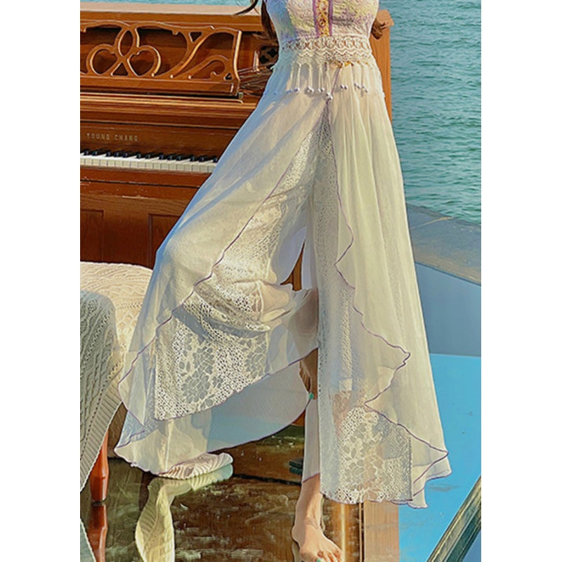 Women White Embroidered Lace Chiffon Thin Crop Pants Summer