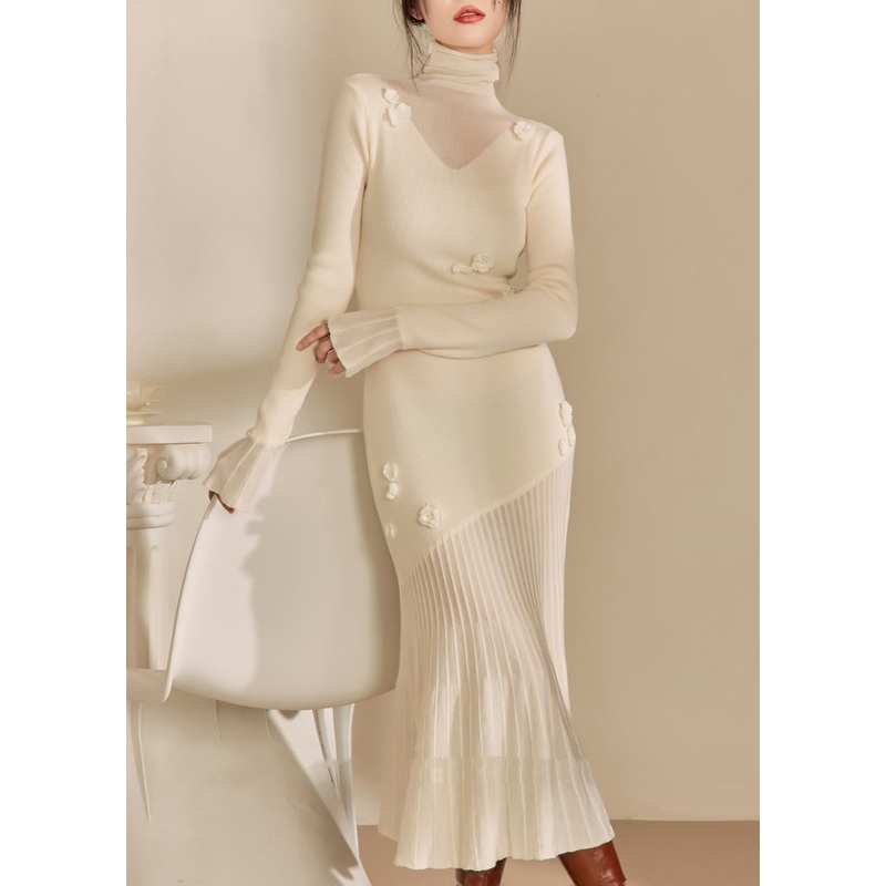 Women White Hign Neck Patchwork Slim Fit Knit Sweater Dress Fall