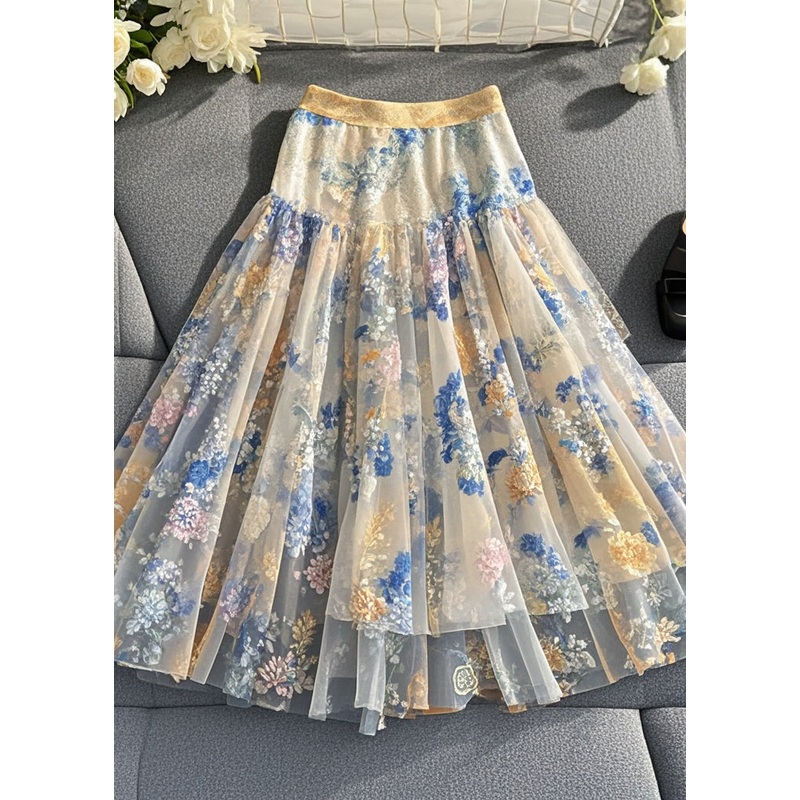 Women White Print Silm Fit Tulle Skirts Summer