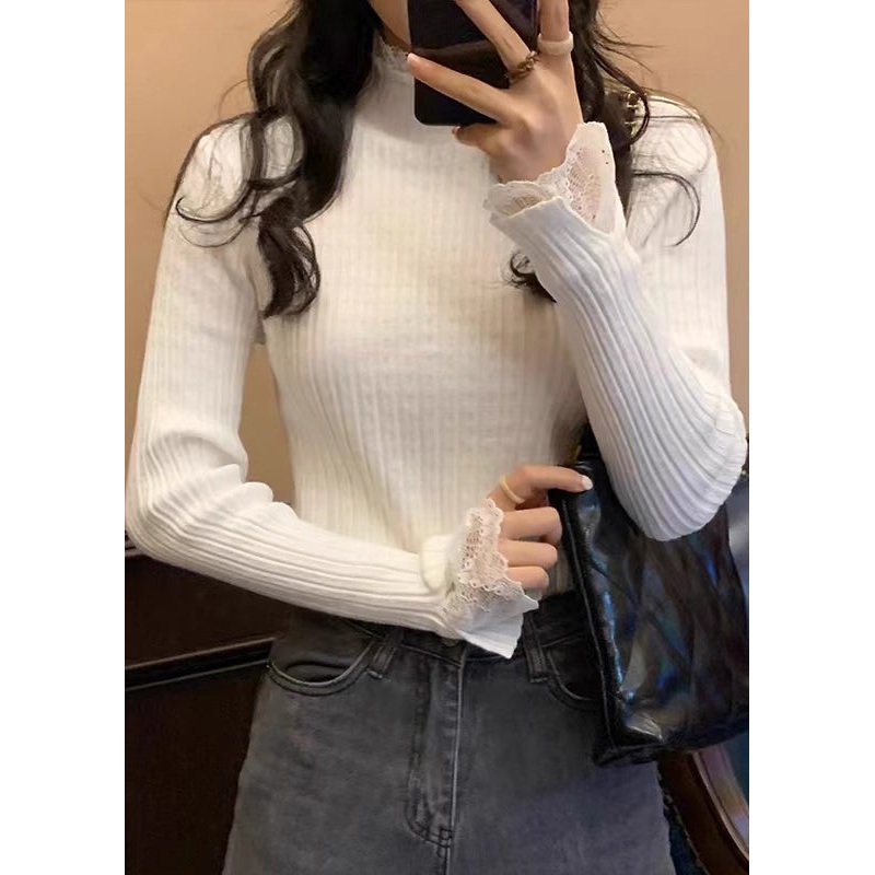 Women White Solid Lace Patchwork Knit Sweaters Fall
