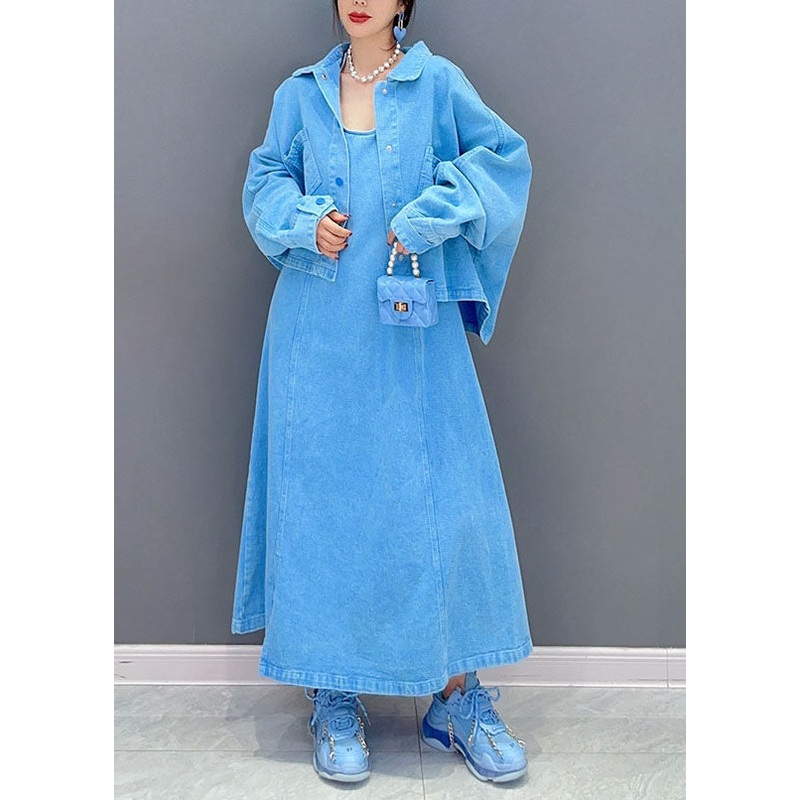 Art Blue Peter Pan Collar Patchwork Coat And Dress Denim Two Pieces Set Spring