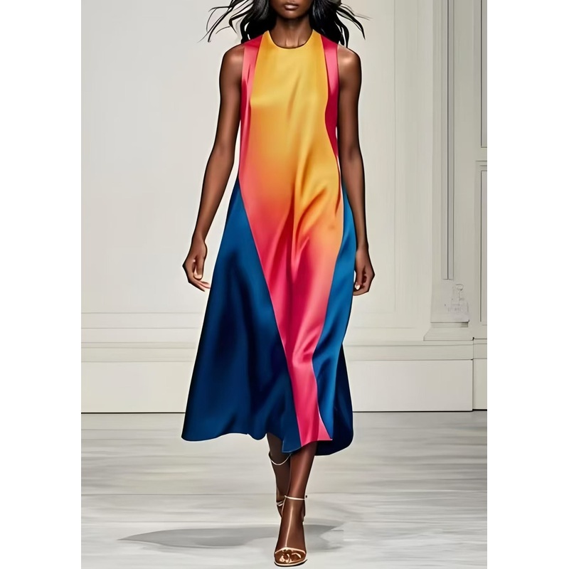 Art Gradient Color Asymmetrical Patchwork Silk Dresses Summer