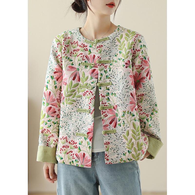 Art Green Embroidered Button Cotton Coats Fall
