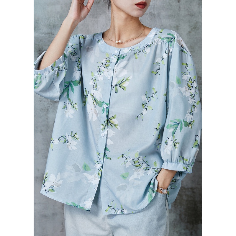 Art Light Blue Oversized Print Cotton Blouses Bracelet Sleeve