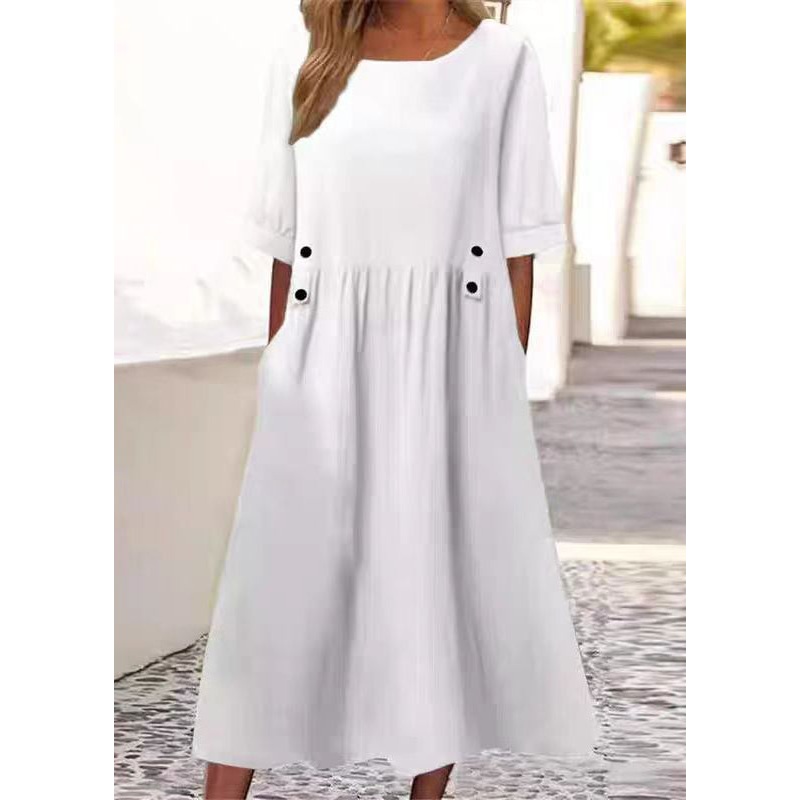 Art White O Neck Pockets Solid Cotton Long Dress Summer