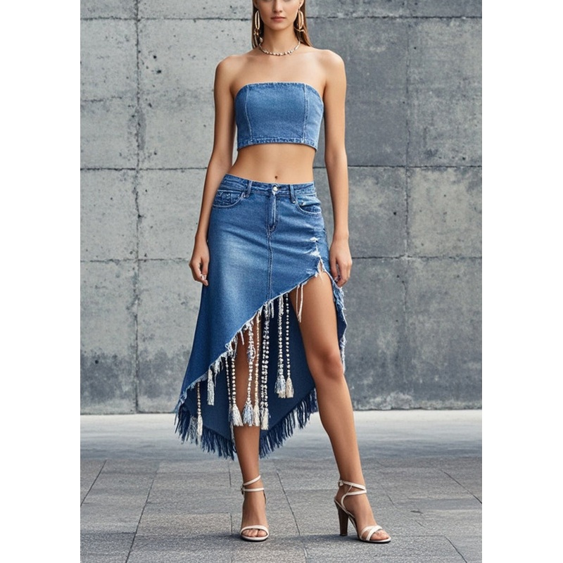 Asymmetrical Design Denim Blue Tasseled Skirts Summer