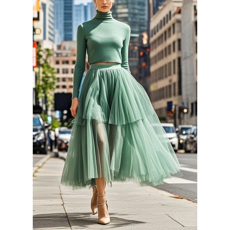 Beautiful Green Exra Large Hem Tulle Pleated Skirt Fall