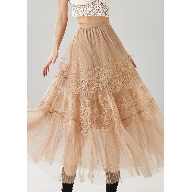 Beautiful Khaki Embroidered Tulle Skirt Summer