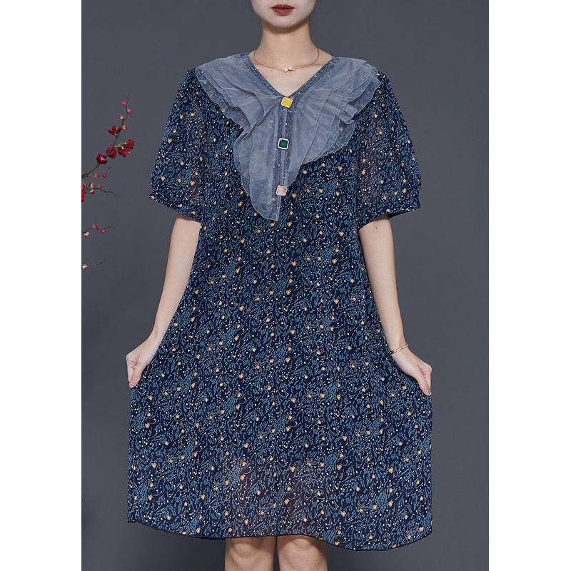 Beautiful Navy Peter Pan Collar Print Chiffon Maxi Dresses Summer