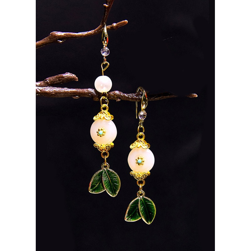 Beautiful White Jade Leaf Metal Drop Earrings