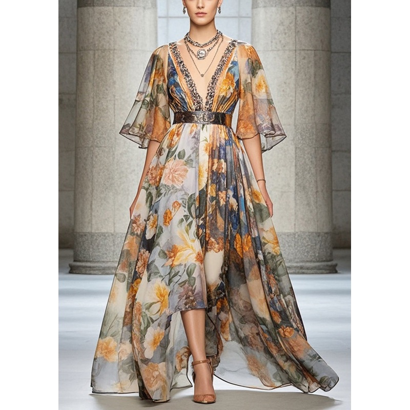 Black Print Chiffon Beach Dress Deep-V Neck Cinched Summer