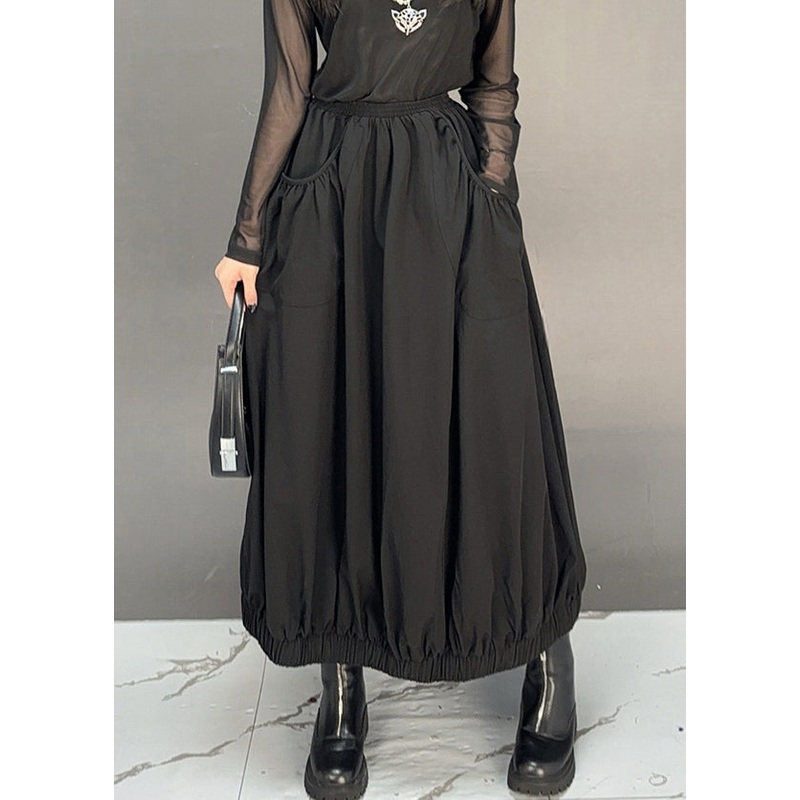 Black Solid Pockets Cotton Fall Skirt Elastic Waist