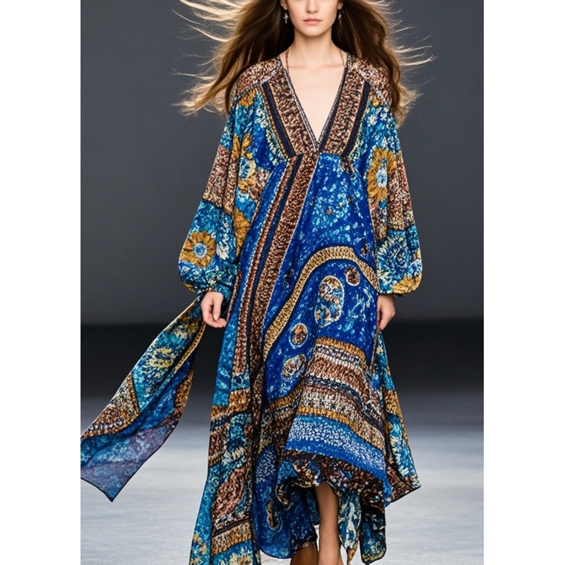 Bohemian Blue Oversized Print Cotton Maxi Dresses Fall