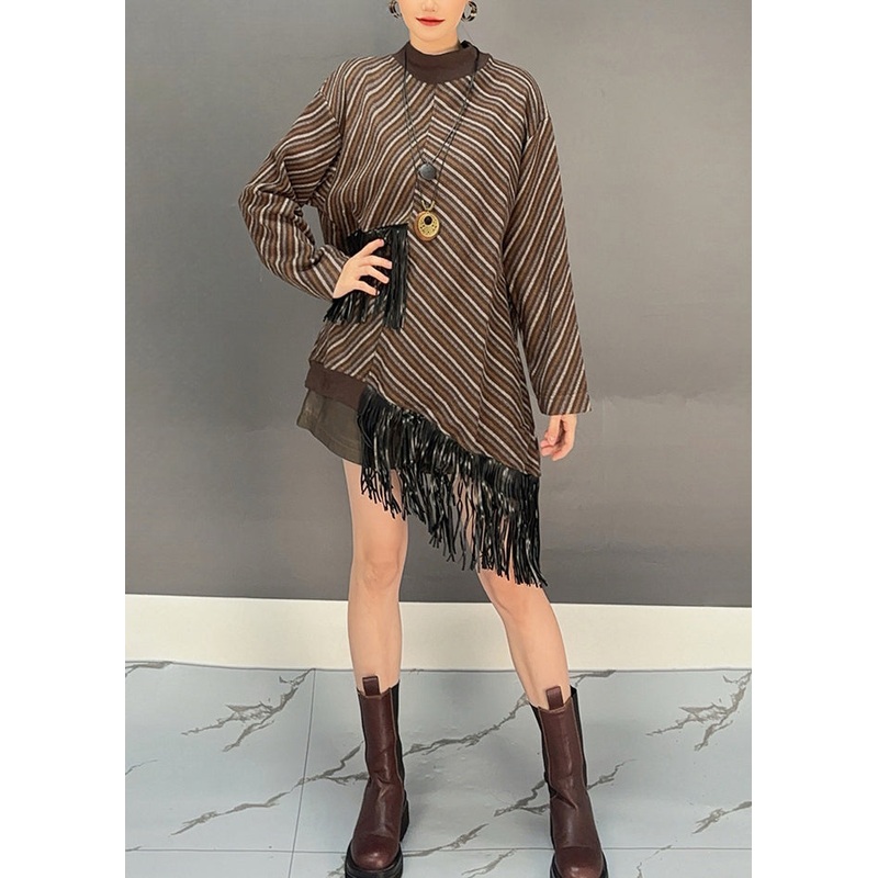 Bohemian Brown O-Neck Asymmetrical Tassel Wool Knit Long Sweater Dress Winter