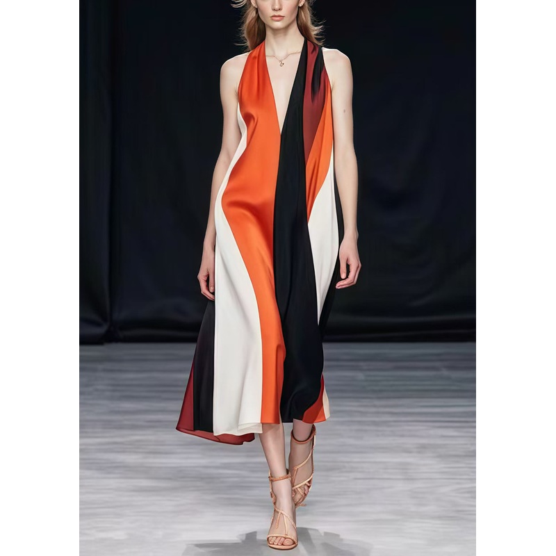 Bohemian Colorblock V Neck Patchwork Silk Halter Dresses Summer