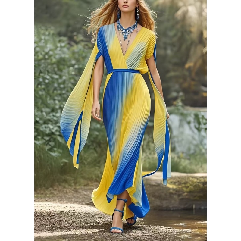Bohemian Gradient Color Cinched Chiffon Vestidos Dress Butterfly Sleeve