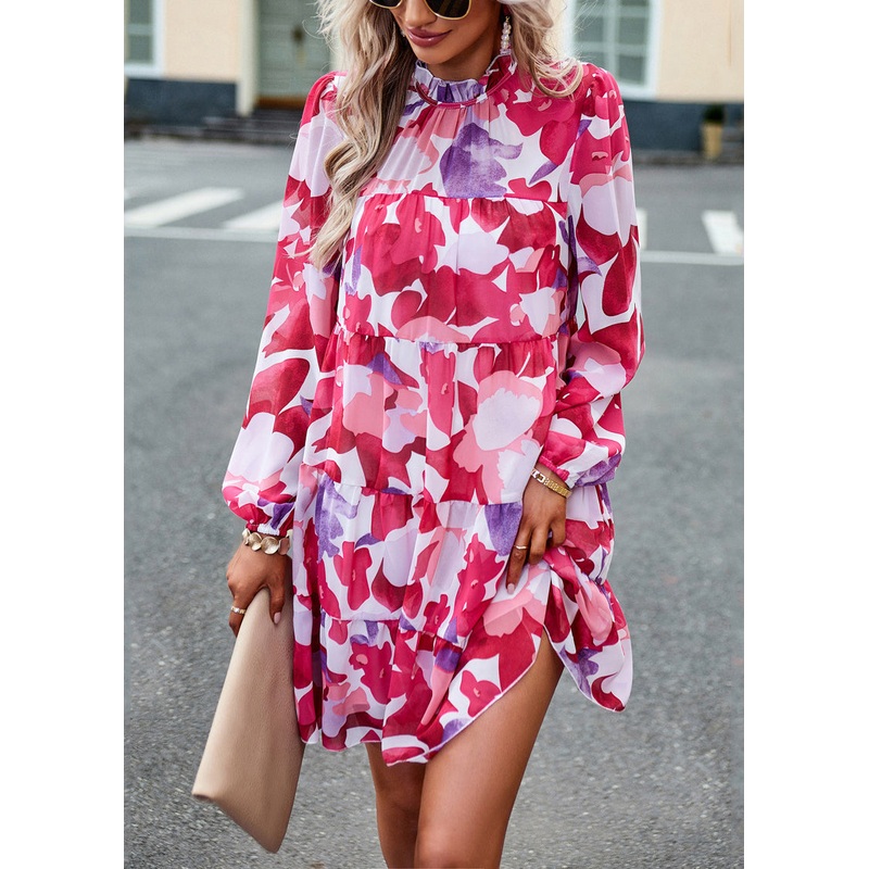 Bohemian Rose Ruffled Print Cotton Mid Dress Fall