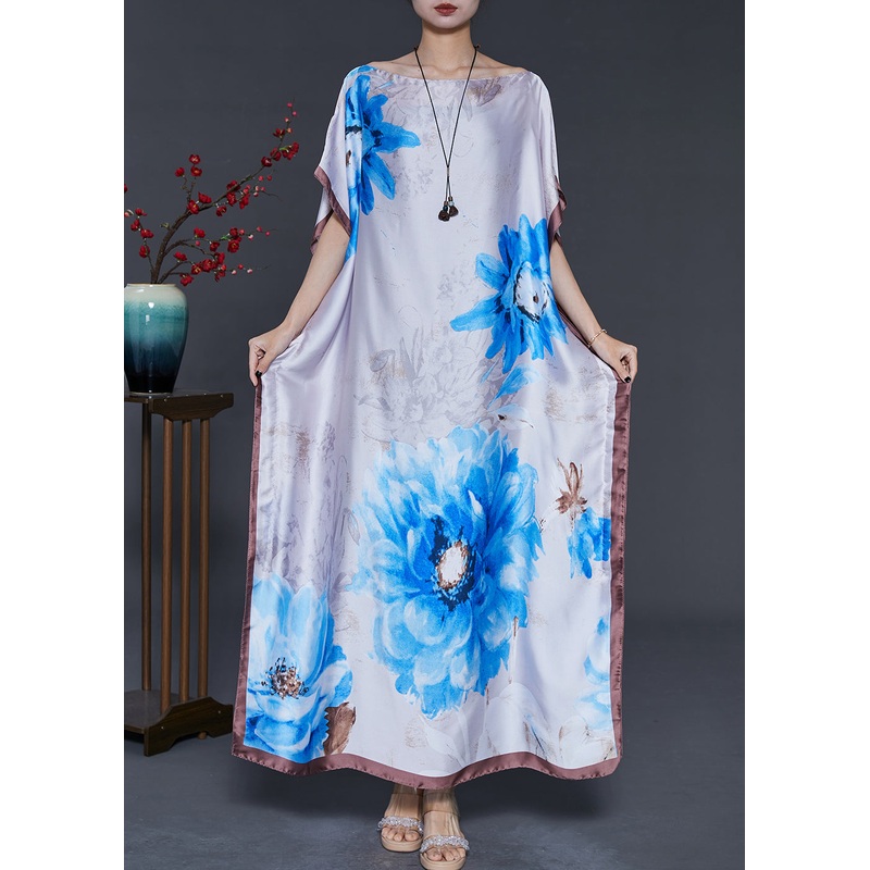 Bohemian White Flower Print Silk Maxi Dresses Summer