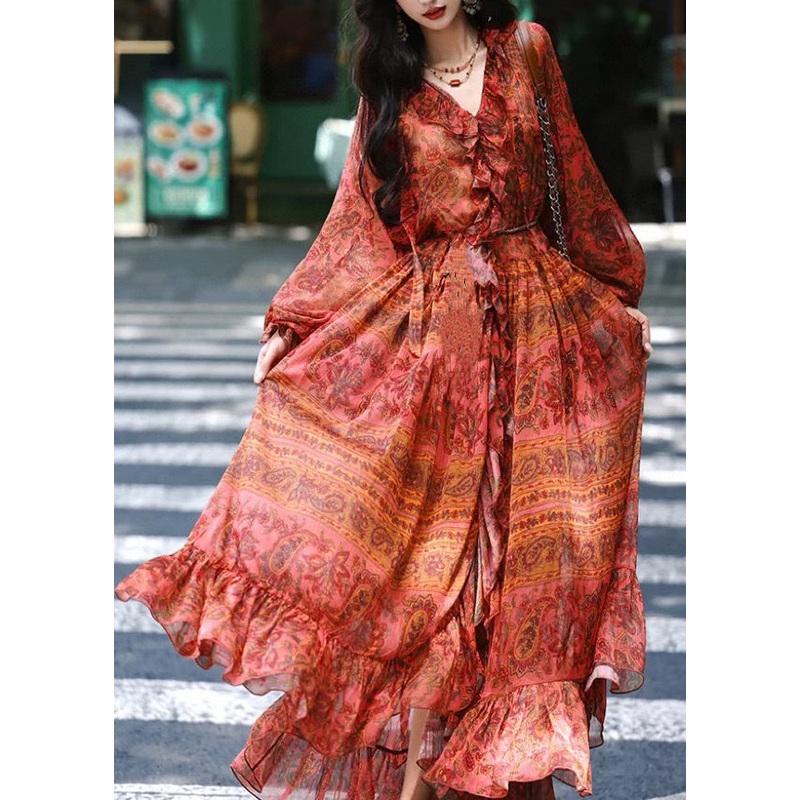 Boho Red V Neck Ruffled Print Silk Robe Dresses Spring