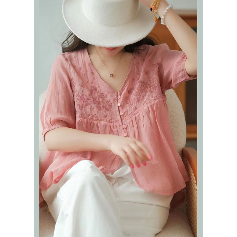 Boutique Pink V Neck Embroideried Linen Shirts Half Sleeve