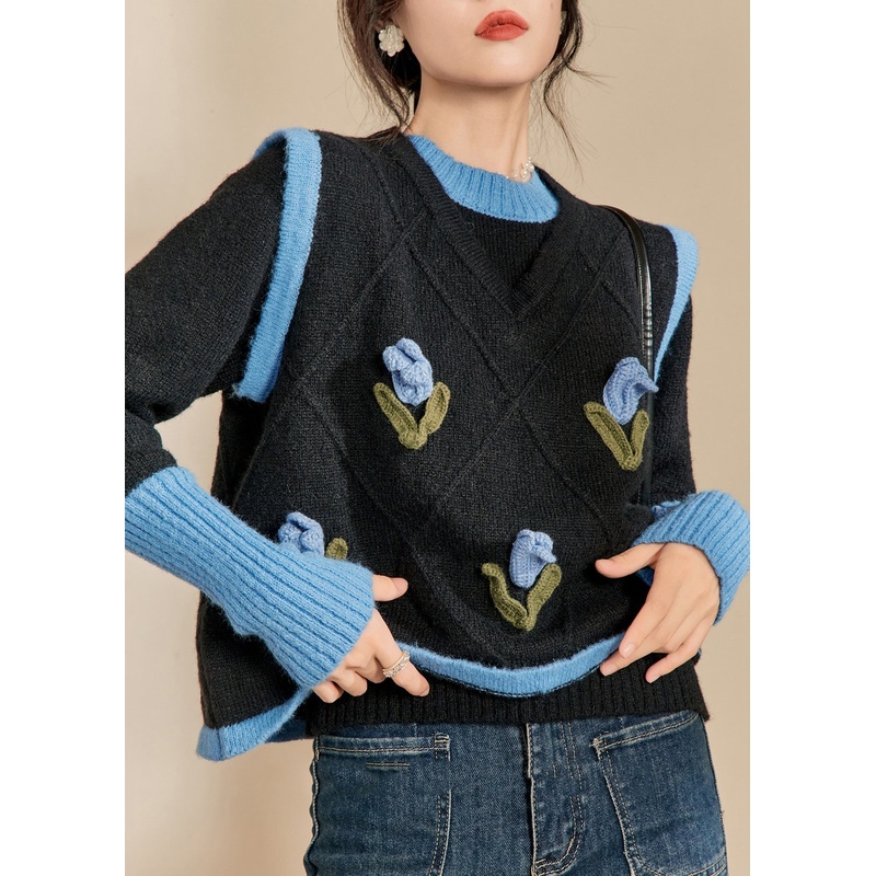 Casual Blue O-Neck Patchwork Cotton Knit Sweaters Winter