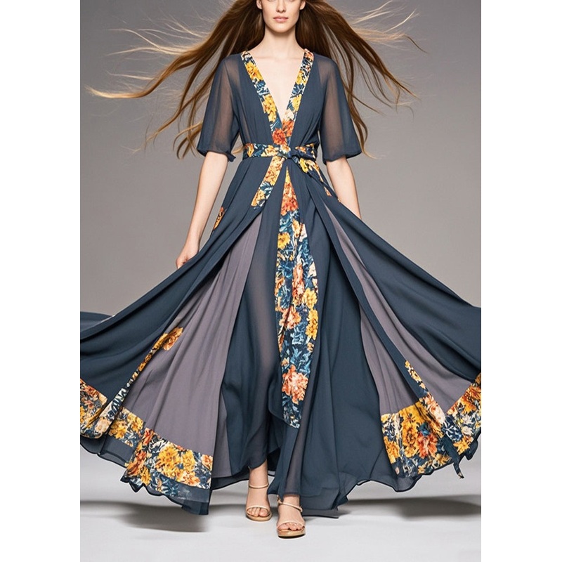 Casual Charcoal Grey Cinched Patchwork Exra Large Hem Chiffon Dresses Summer