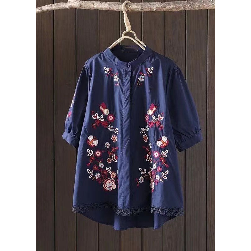 Casual Navy Embroidered Low High Design Cotton Blouse Top Summer
