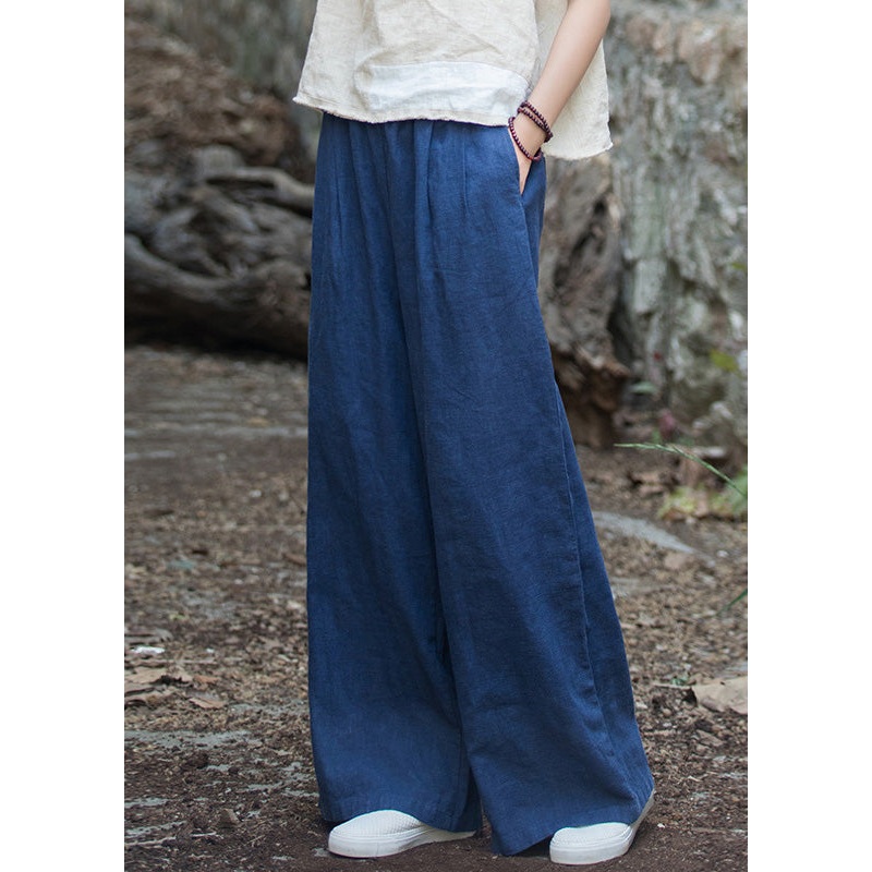 Casual Navy Pockets Elastic Waist Linen Wide Leg Pants Summer