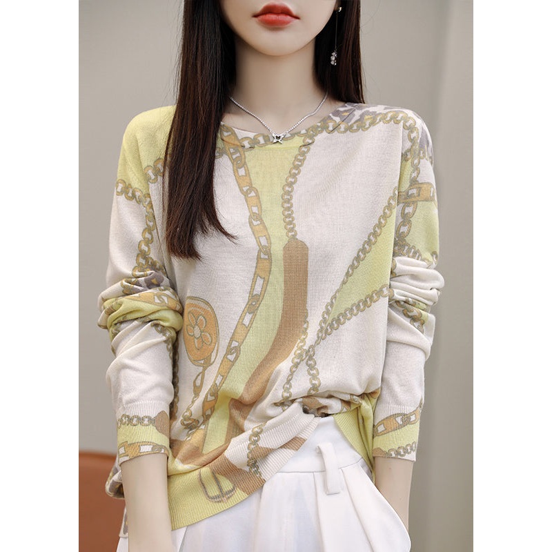 Chain Print Patchwork Silk Cotton Top O Neck Long Sleeve