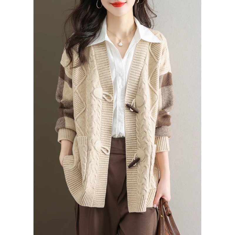 Chic Beige V Neck Button Patchwork Knit Cardigans Fall