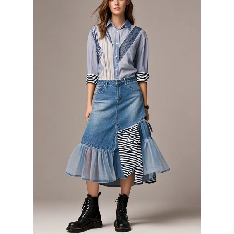 Chic Blue Asymmetrical Patchwork Tulle Denim Skirts Spring