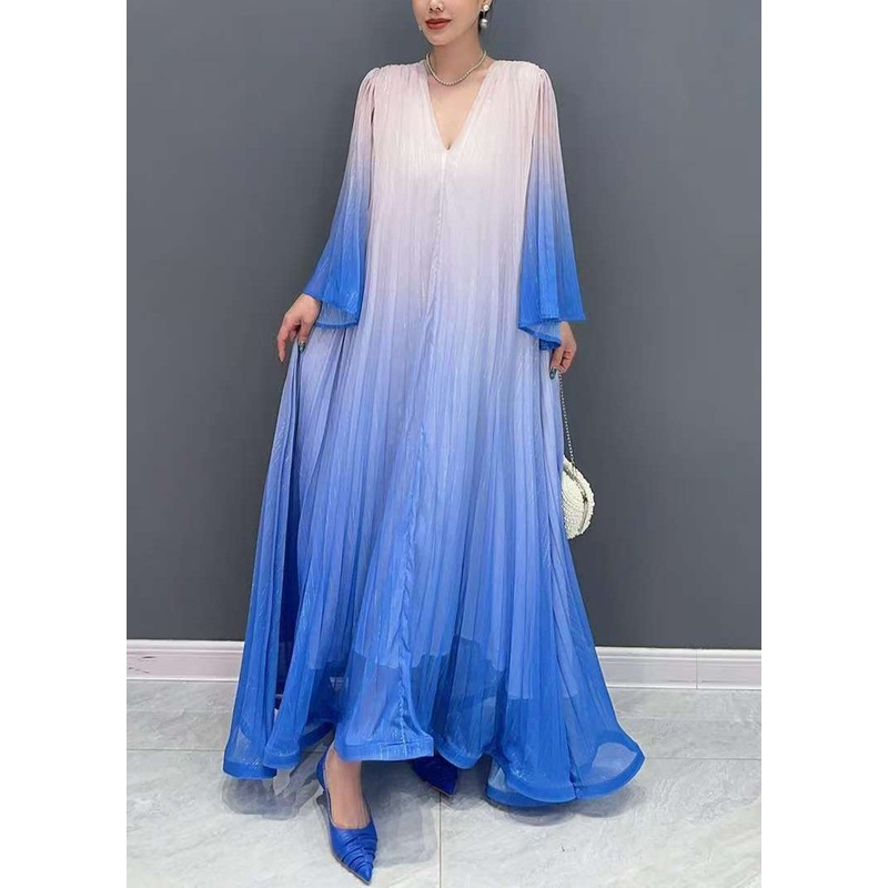 Chic Blue Gradient Color V Neck Wrinkled Long Dress Flare Sleeve