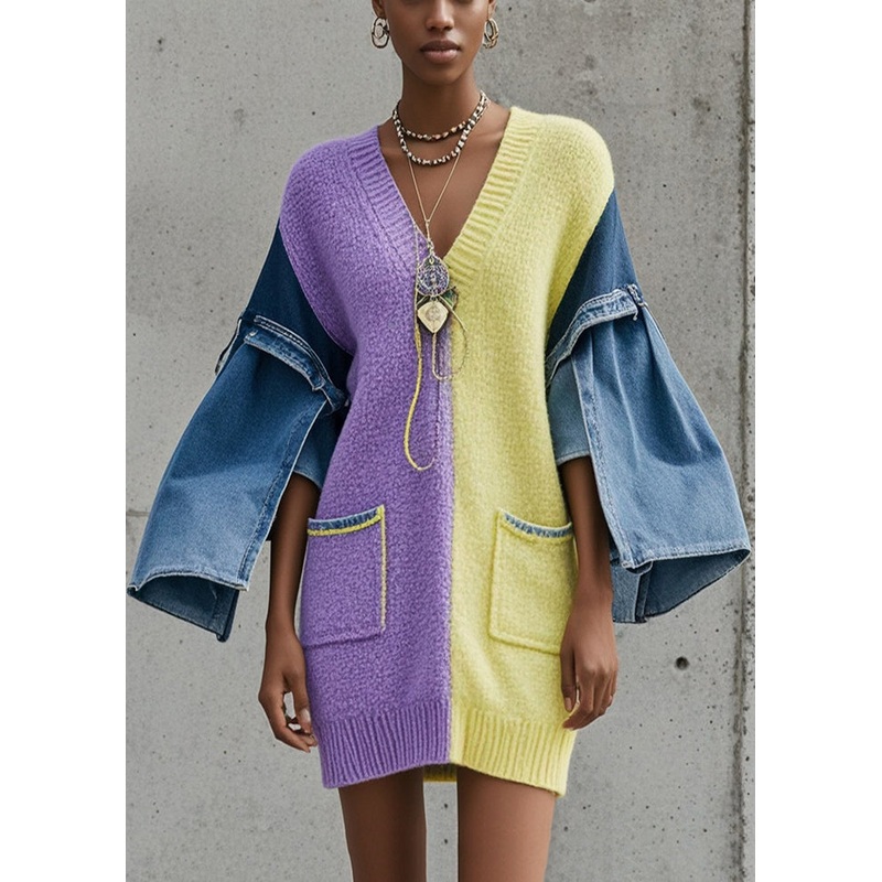Chic Colorblock V Neck Patchwork Denim Sweater Dress Fall