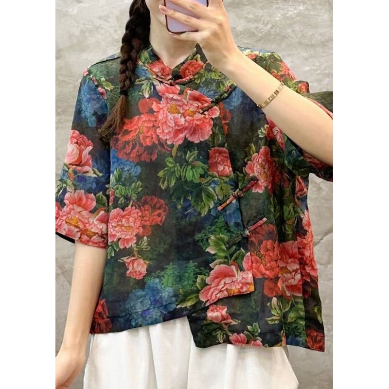 Chic Green Stand Collar Print Linen Shirt Summer