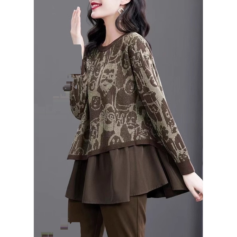 Chic Print Fake Two Pieces Cotton Knit Sweater Winter