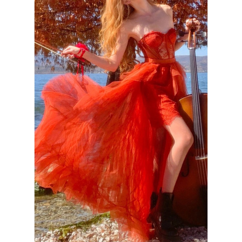 Chic Red Asymmetrical Design Cold Shoulder Tulle Maxi Dresses Sleeveless