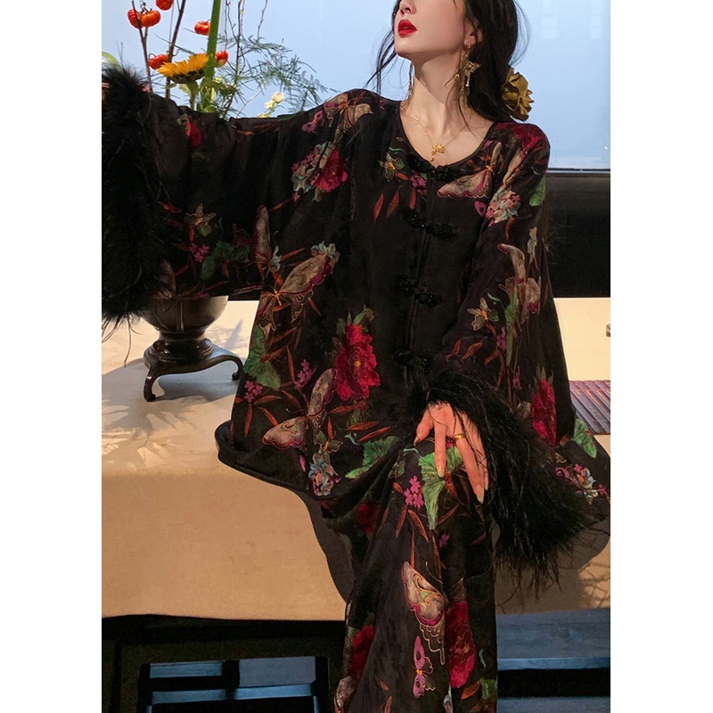 Chinese Style Black O Neck Print Silk Two Pieces Set Fall