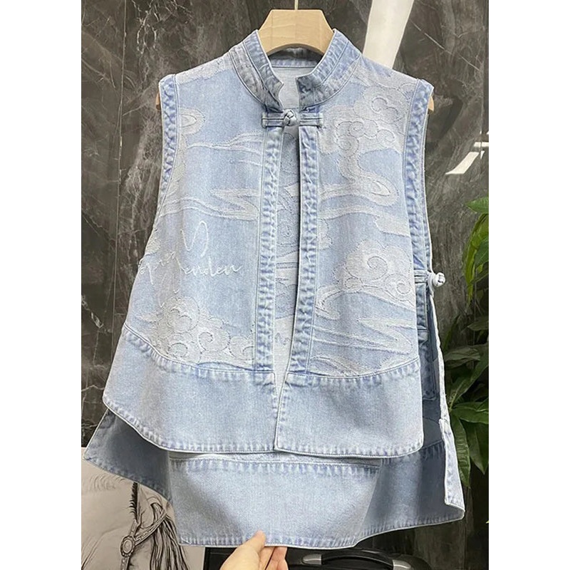 Chinese Style Blue Stand Collar Print Patchwork Low High Design Denim Waistcoat Summer
