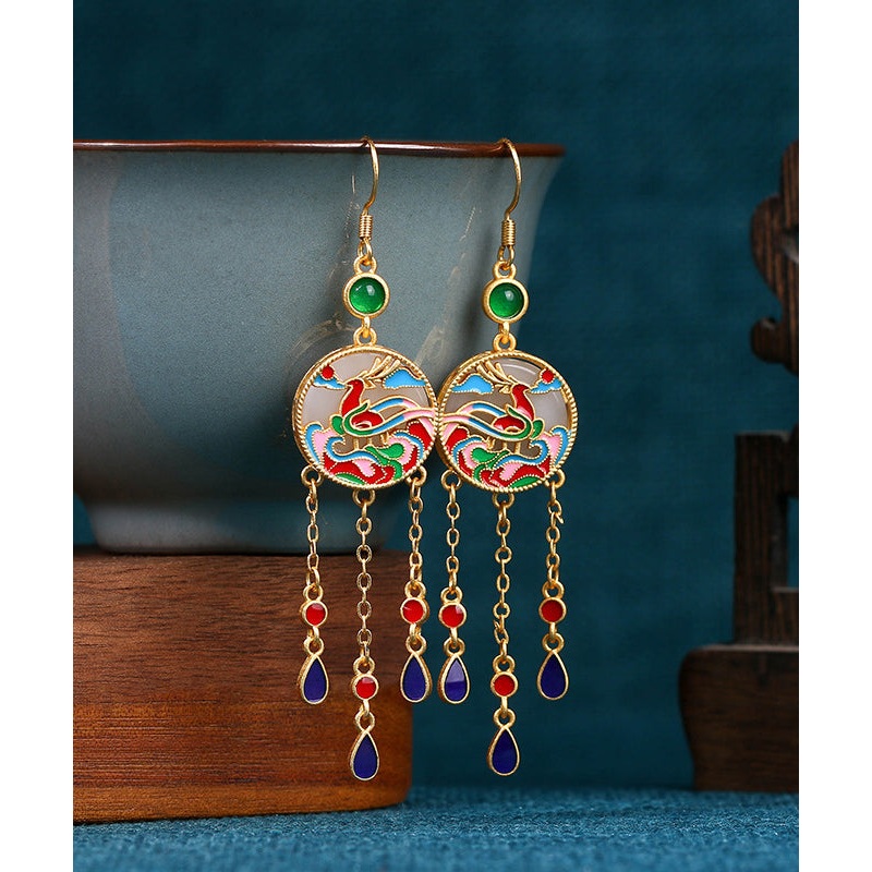 Chinese Style Rainbow Copper Overgild Jade Enamel Tassel Drop Earrings