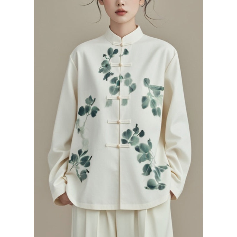 Chinese Style White Stand Collar Print Coats Fall